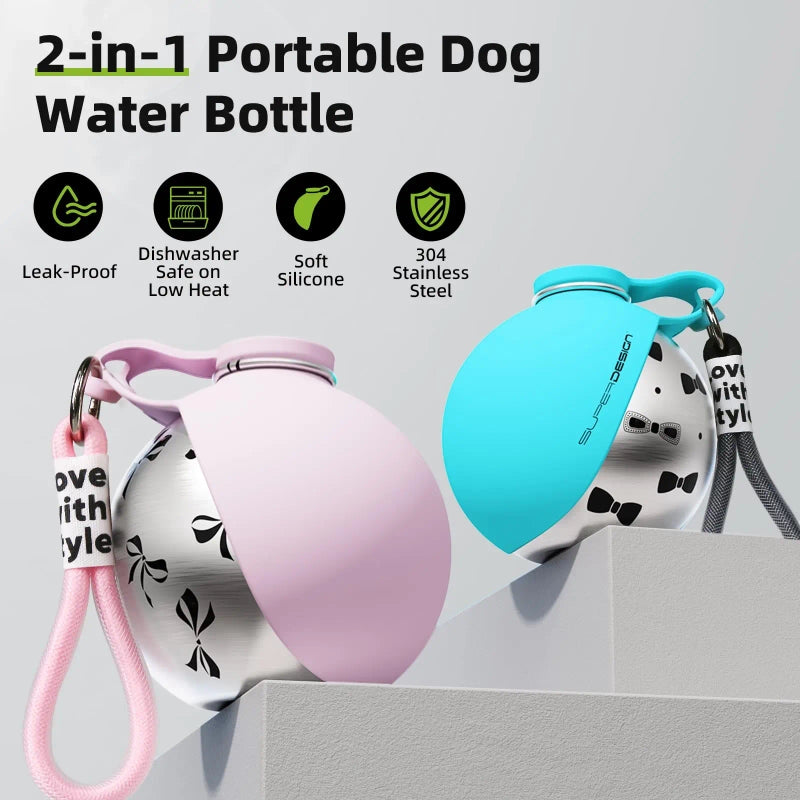 Portable Pet Water Bottle with Foldable Stainless Steel Bowl