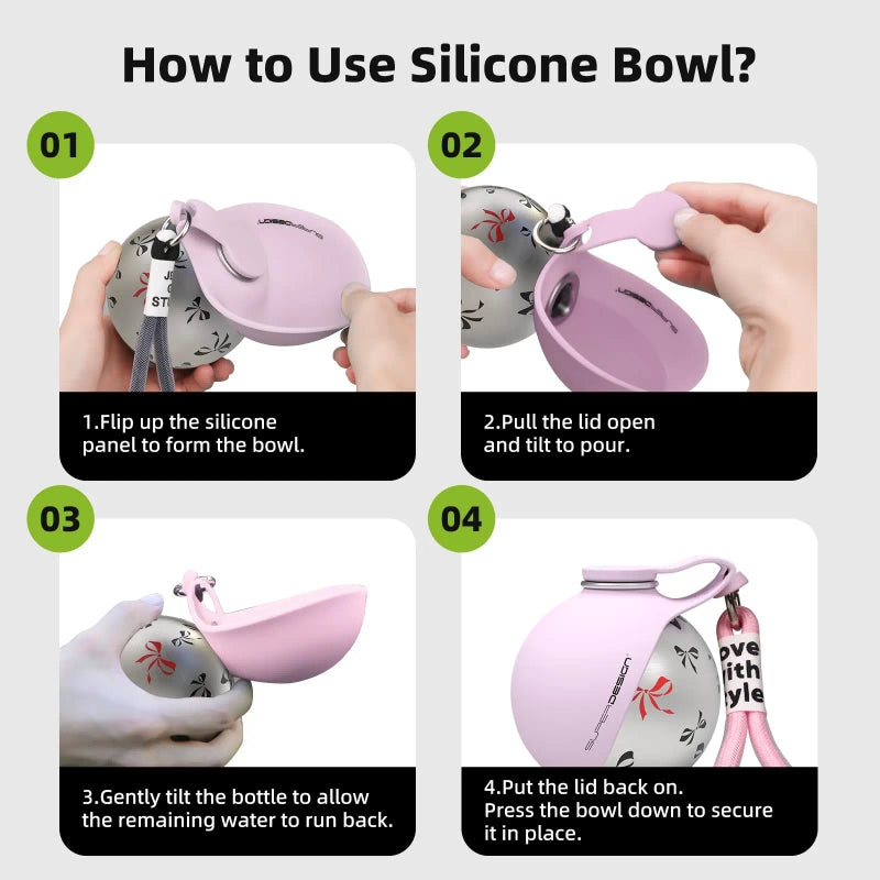 Portable Pet Water Bottle with Foldable Stainless Steel Bowl